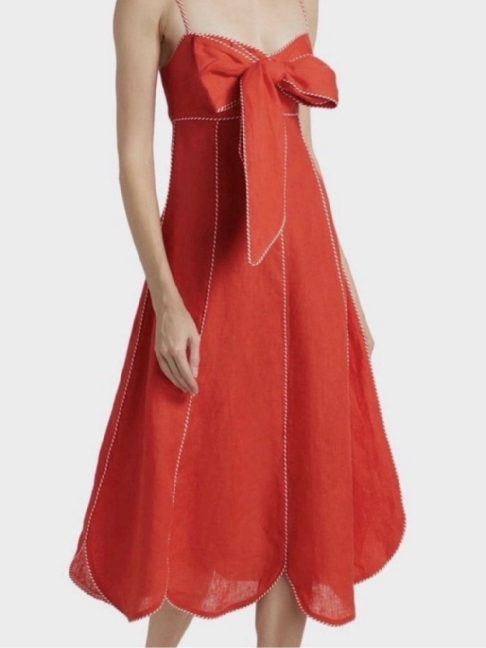 FARM Rio Red Bow-Front Linen Midi Dress